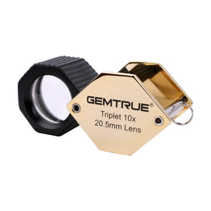 Jewelers Loupe Triplet 10X Black Rubber Grip & Gold Case 18mm with